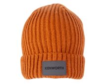 KENWORTH BRANDED Men's beanie mustard/orange in colour chunky knit roll down style with "KENWORTH" name on grey pu leather badge100% acrylic. Part No C-KEN902