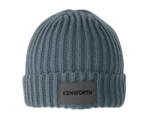 KENWORTH BRANDED Kids beanie steel blue in colour chunky knit slouch style with "KENWORTH" name on pu leather badge 100% acrylic. Part No C-KEN904